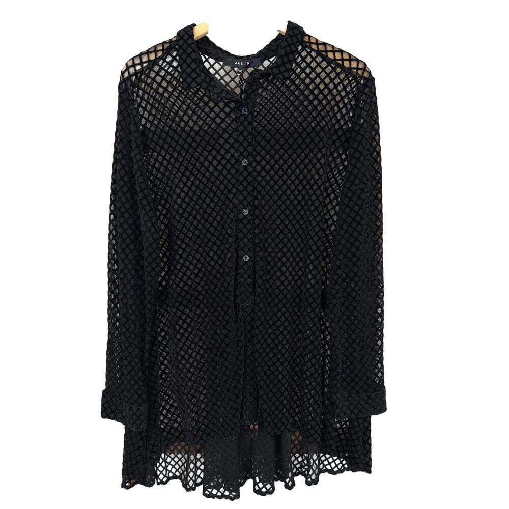 NWT Jason Black Sheer Mesh Pattern Button Up High Low Hem Oversized Shirt M